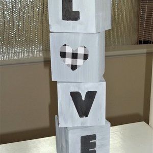 NEW Valentine Farmhouse white black distressed LOVE blocks each 3" buffalo check